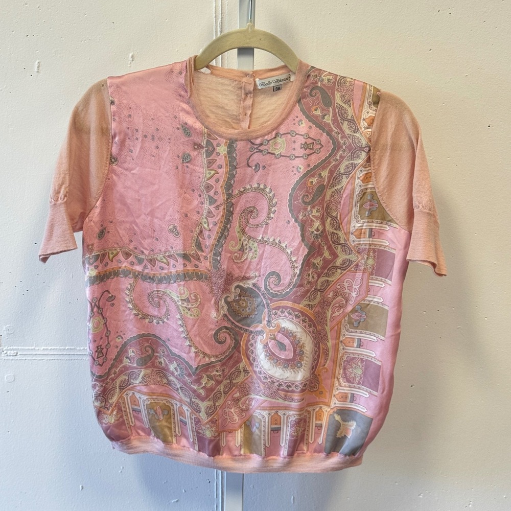Balla‎ Valentina Italy Silk Wool Knit Short Sleeve Top Size 38 IT  Pink Paisley